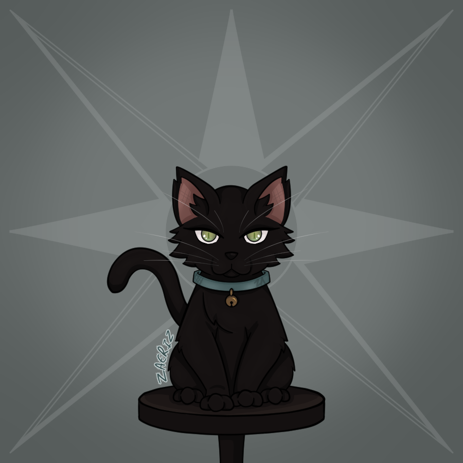 Art of a fluffy black cat with green eyes and a teal collar with a little bronze bell.